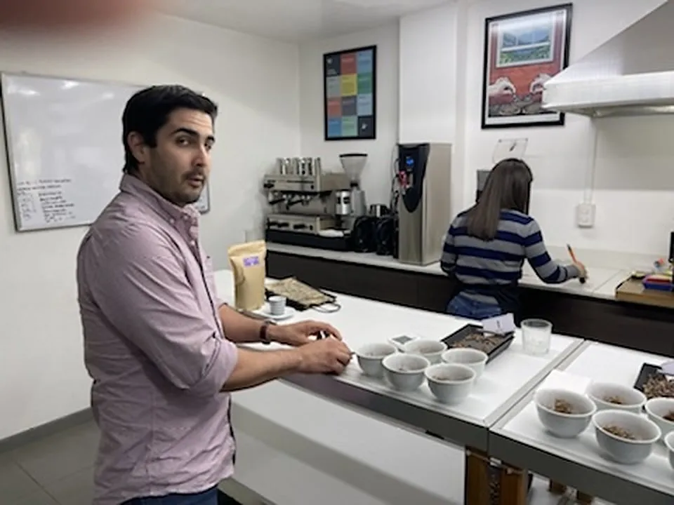 Laboratoire de dégustation : bols de cupping alignés sur le comptoir, machine espresso et moulin en arrière-plan