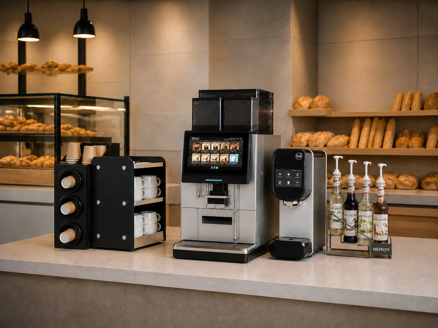 Gros plan du corner café en boulangerie : porte-gobelets, chauffe-tasses, machine Astra, mousseur Lattiz et sirops alignés sur le comptoir