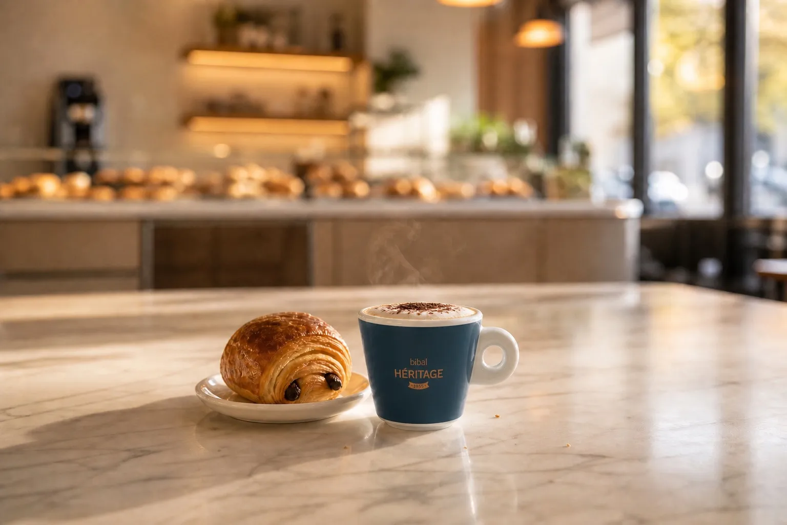Cappuccino avec latte art et pain au chocolat à emporter sur le comptoir
