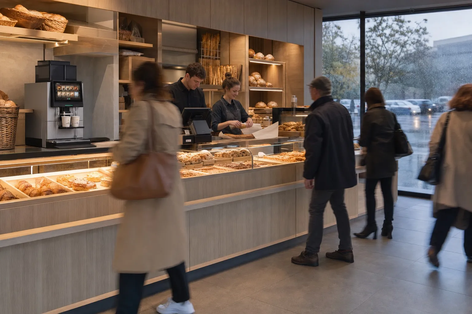 Le rush du matin en boulangerie : l'équipe encaisse pendant que la machine prépare les boissons
