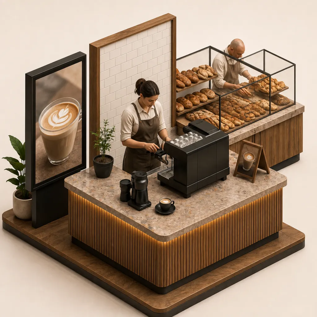 Illustration 3D isométrique : écran d'animation, menu board et chevalets d'un corner café en boulangerie