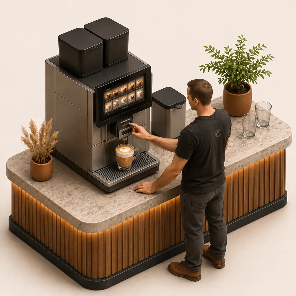 Illustration 3D isométrique : machine à café et lait moussé à la demande sur le comptoir d'une boulangerie, cappuccino servi par la vendeuse
