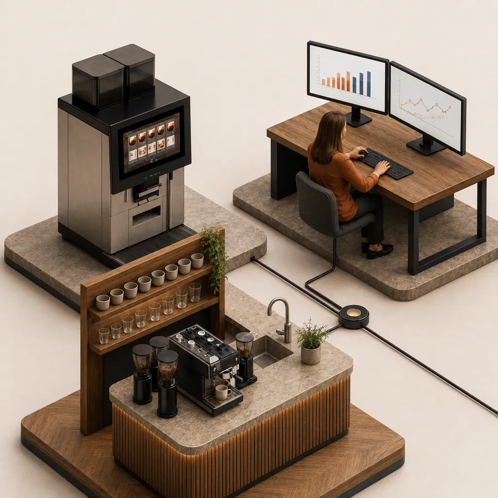 Illustration 3D isométrique : tableau de bord des ventes de café d'une boulangerie, suivi des niveaux et réassort anticipé