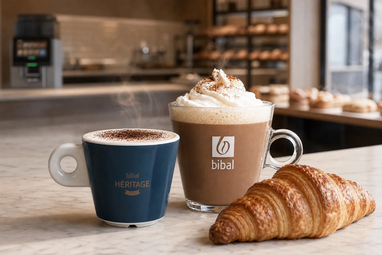 Un cappuccino et un chocolat viennois posés sur le comptoir d'une boulangerie, à côté d'une viennoiserie