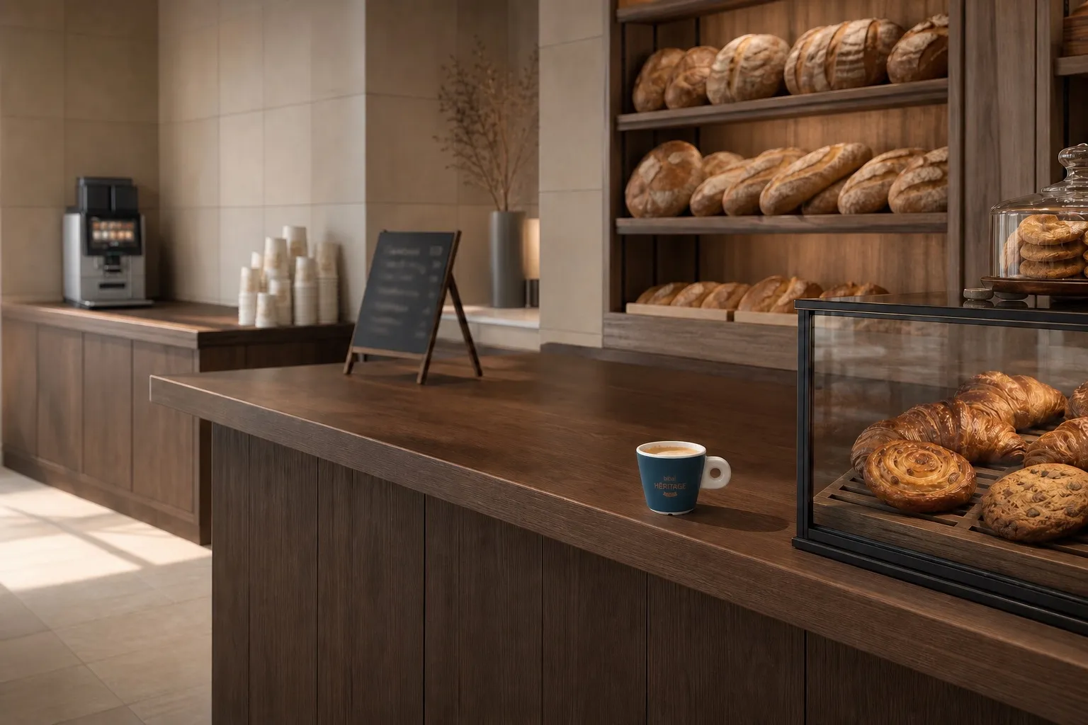 Un corner café signé au comptoir d'une boulangerie : menu board, chevalet et gobelets à l'enseigne du commerce