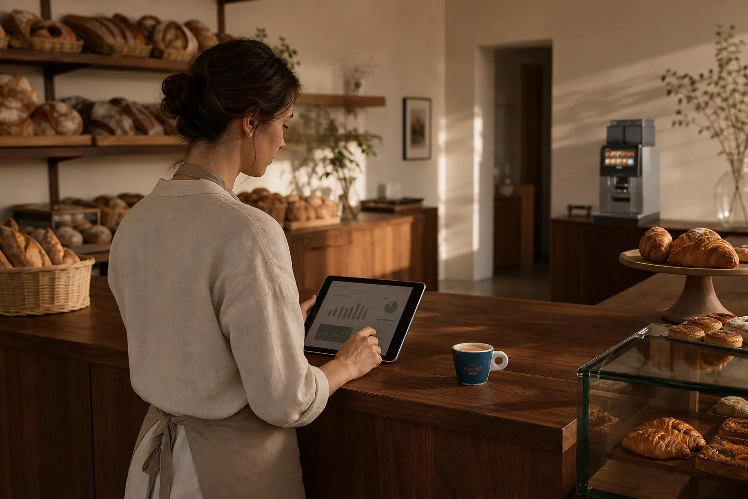La patronne d'une boulangerie consulte le suivi des ventes de café sur une tablette, derrière le comptoir