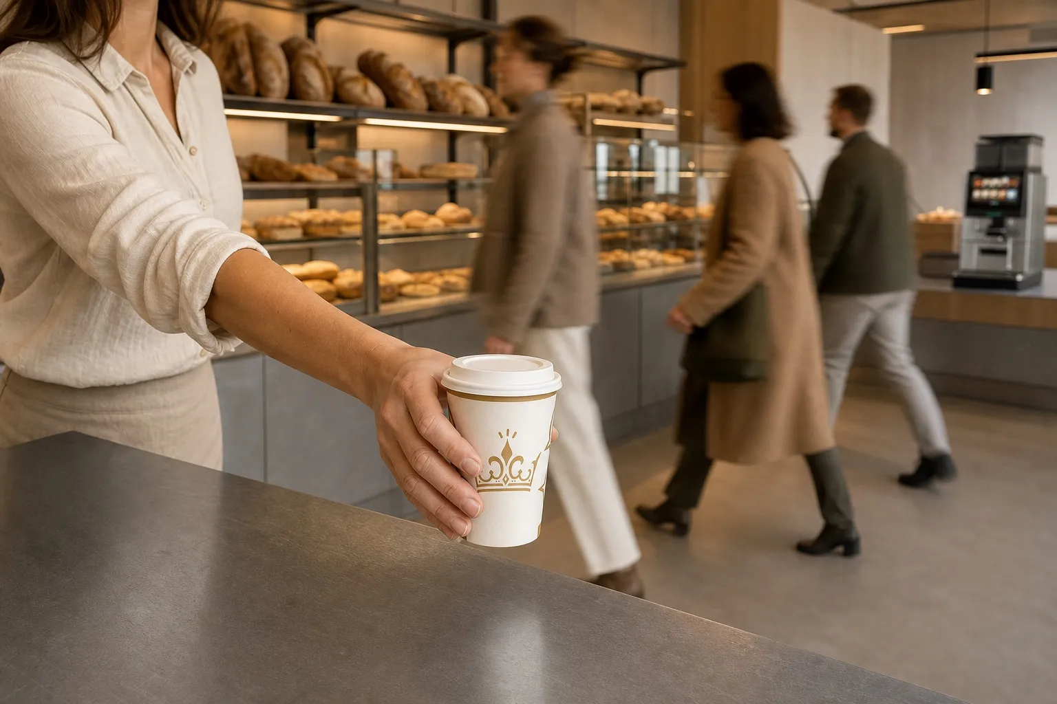 Le rush du matin dans une boulangerie : file de clients, vendeuse qui sert un café à emporter d'un seul geste