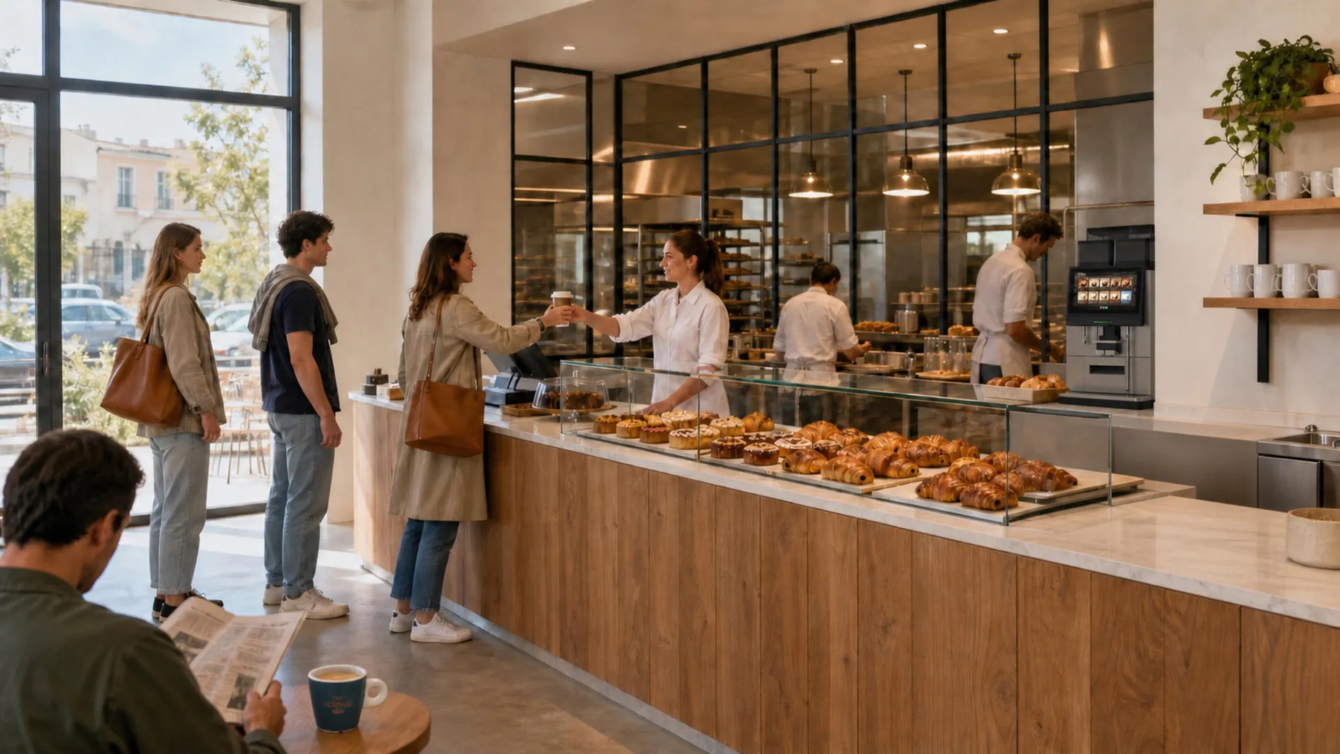 Boulangerie moderne et lumineuse : comptoir en bois clair, machine Astra dans l'espace du personnel, tasse Héritage sur la table et clients du matin