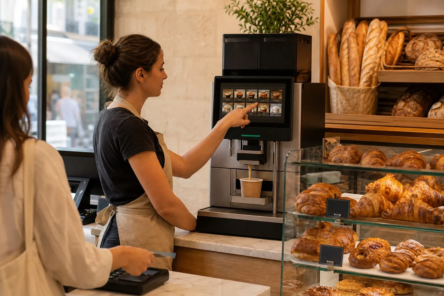 Dans une boulangerie, une vendeuse lance une boisson sur la machine automatique pendant qu'une cliente règle en caisse
