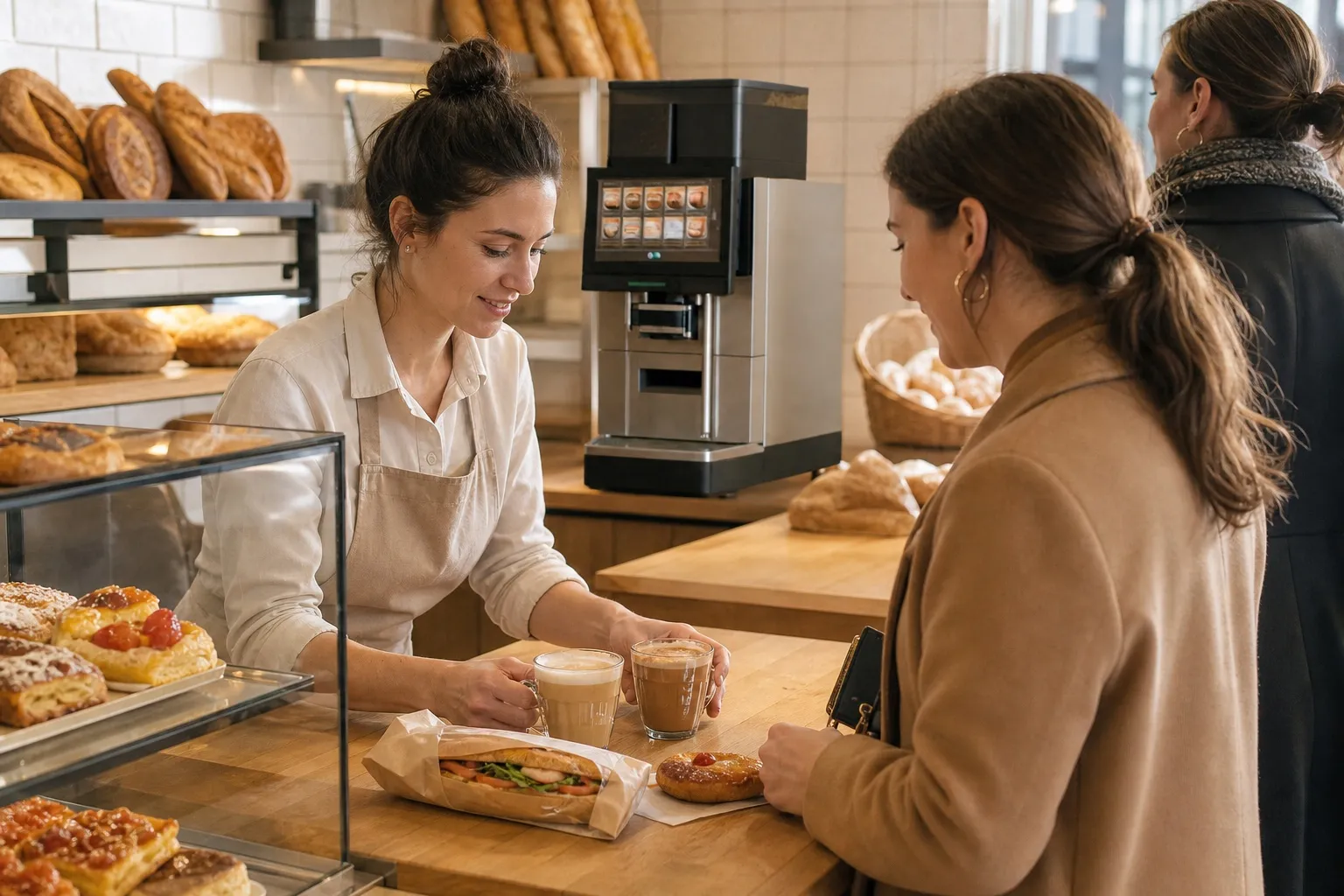 Une vendeuse propose deux boissons gourmandes avec un sandwich et une pâtisserie au comptoir de la boulangerie