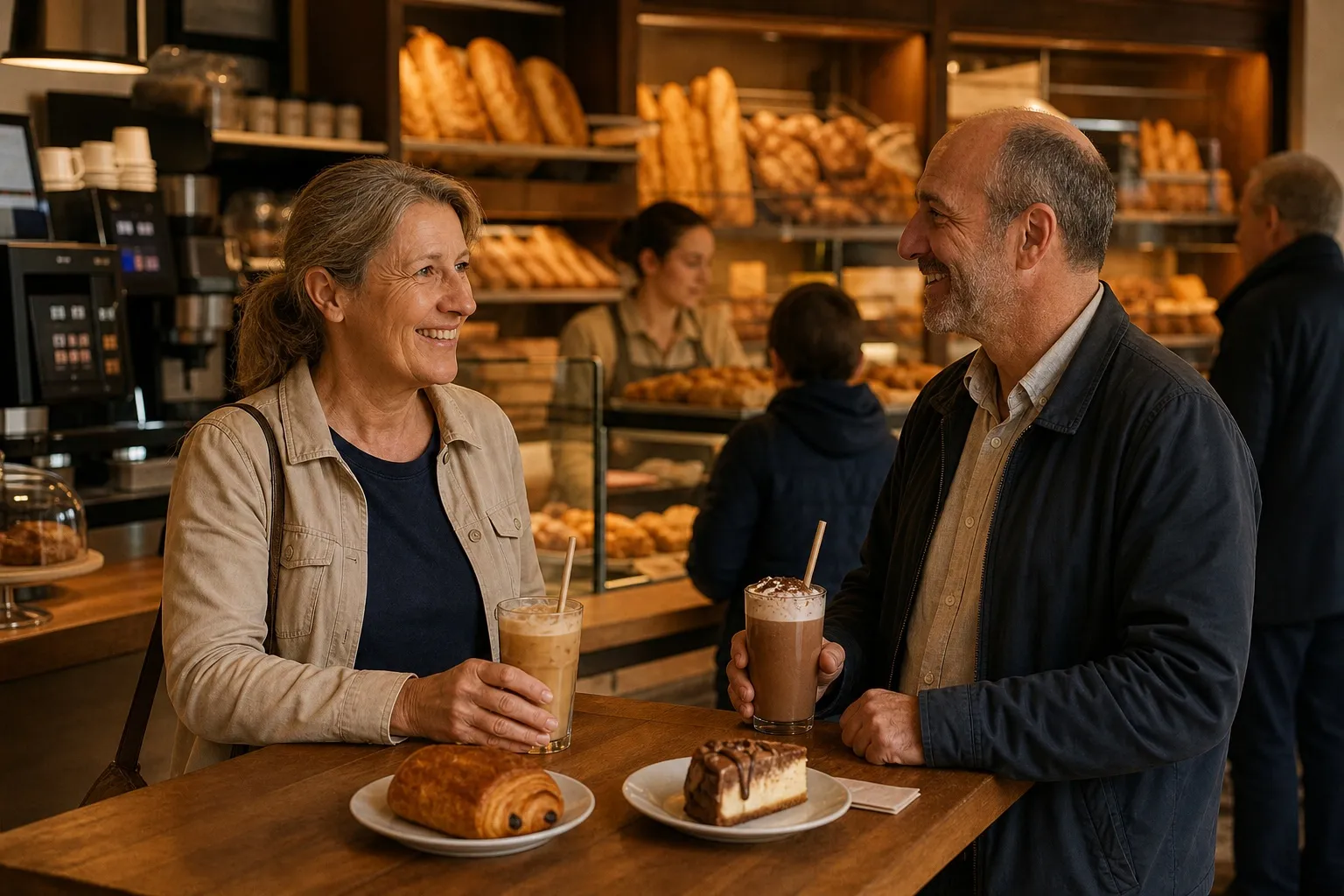 Deux clients prennent des boissons gourmandes et des pâtisseries à l'heure du goûter dans une boulangerie animée