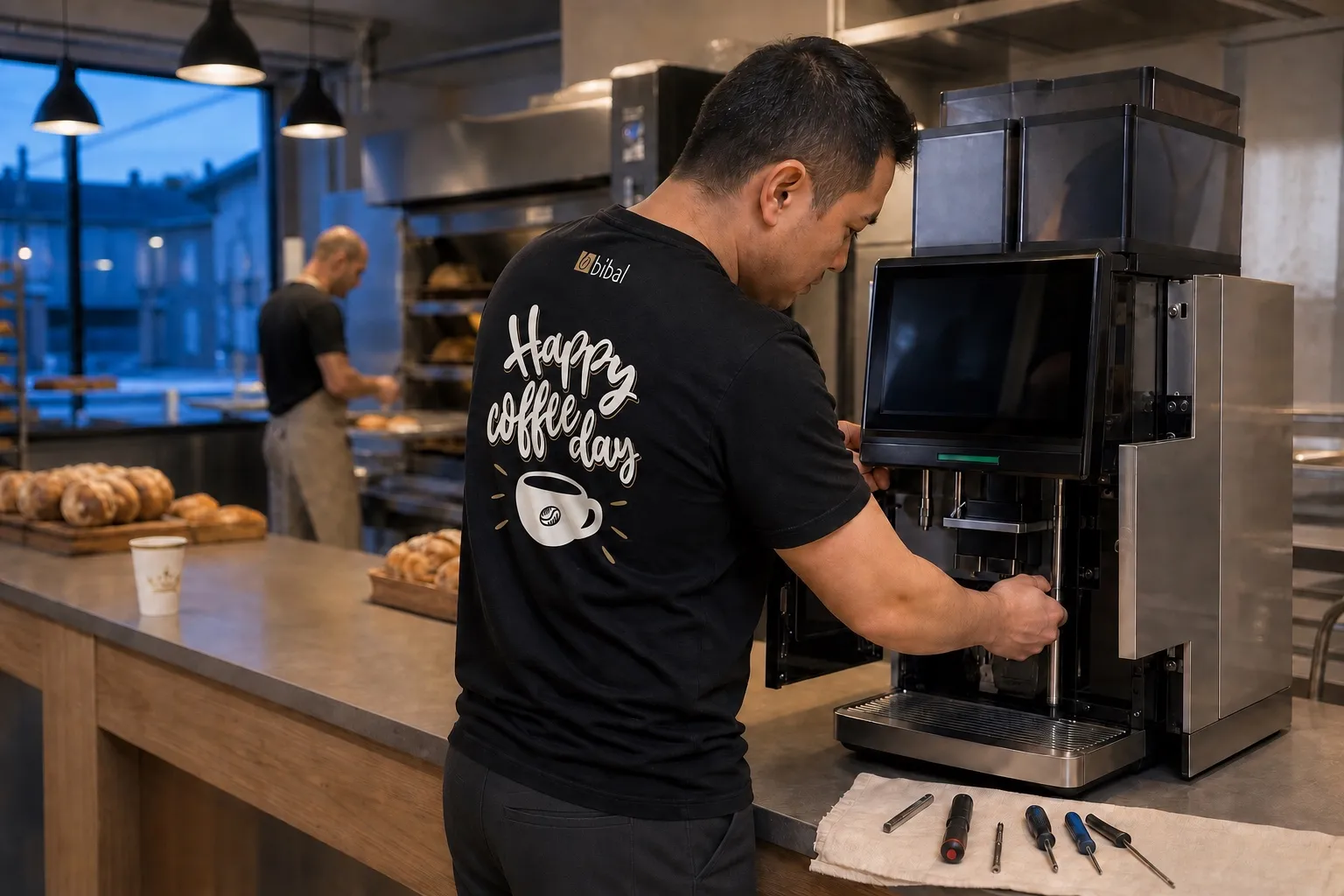 Technicien Bibal en t-shirt noir Happy coffee day intervenant sur une machine à café dans une boulangerie, fournil actif en arrière-plan