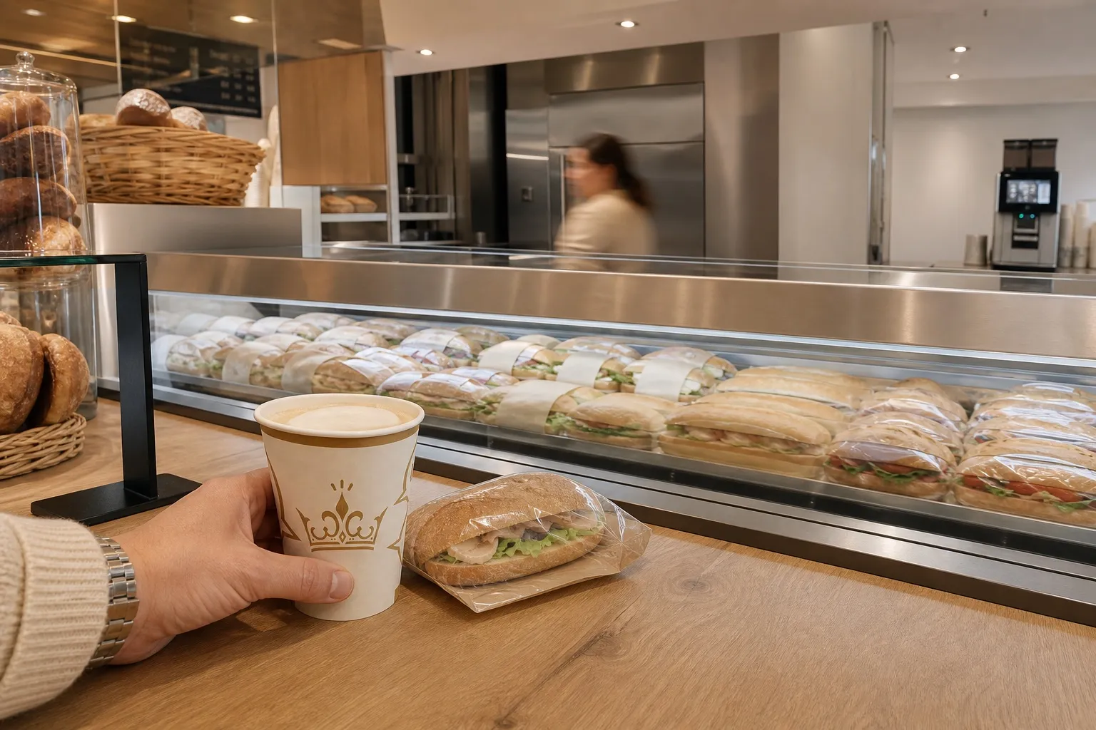 Point chaud et sandwicherie : vitrine snacking, boissons à emporter