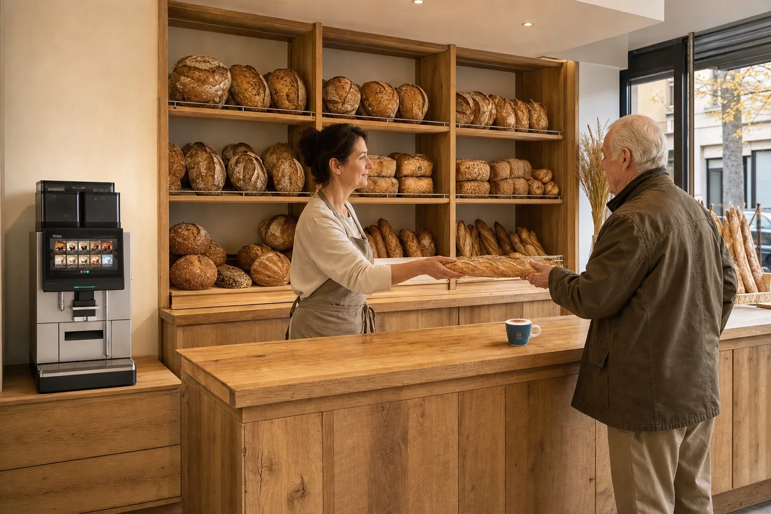 Boulangerie artisanale de quartier : devanture chaleureuse, habitués au comptoir