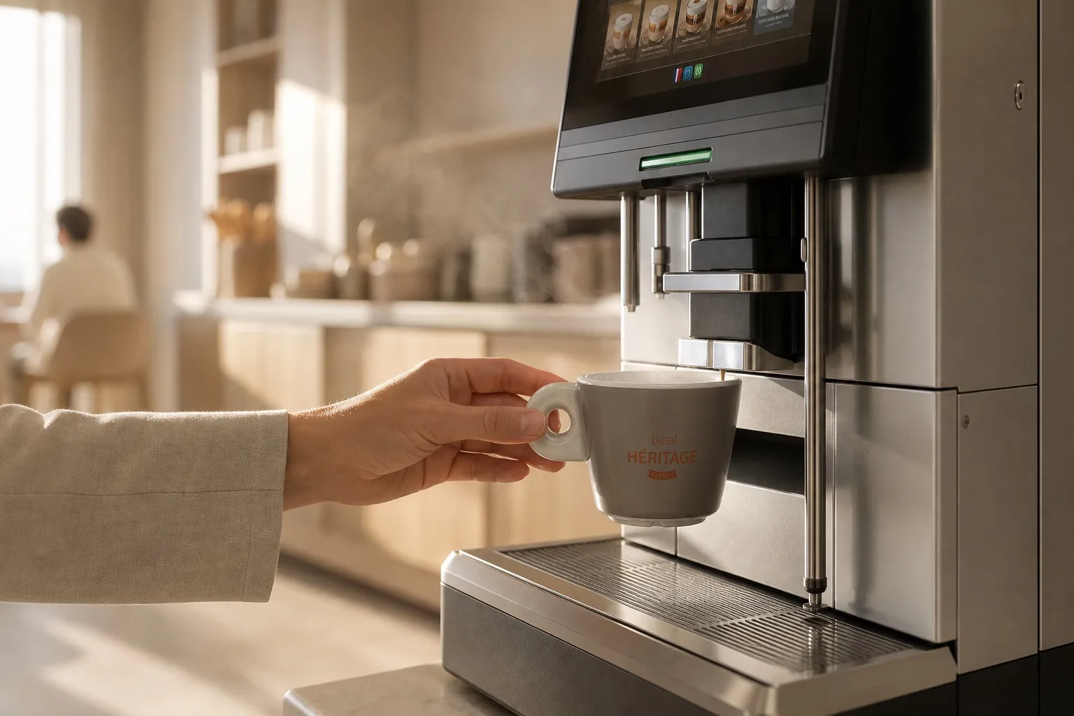 Petit-déjeuner d'hôtel : la première tasse de la journée, buffet en arrière-plan