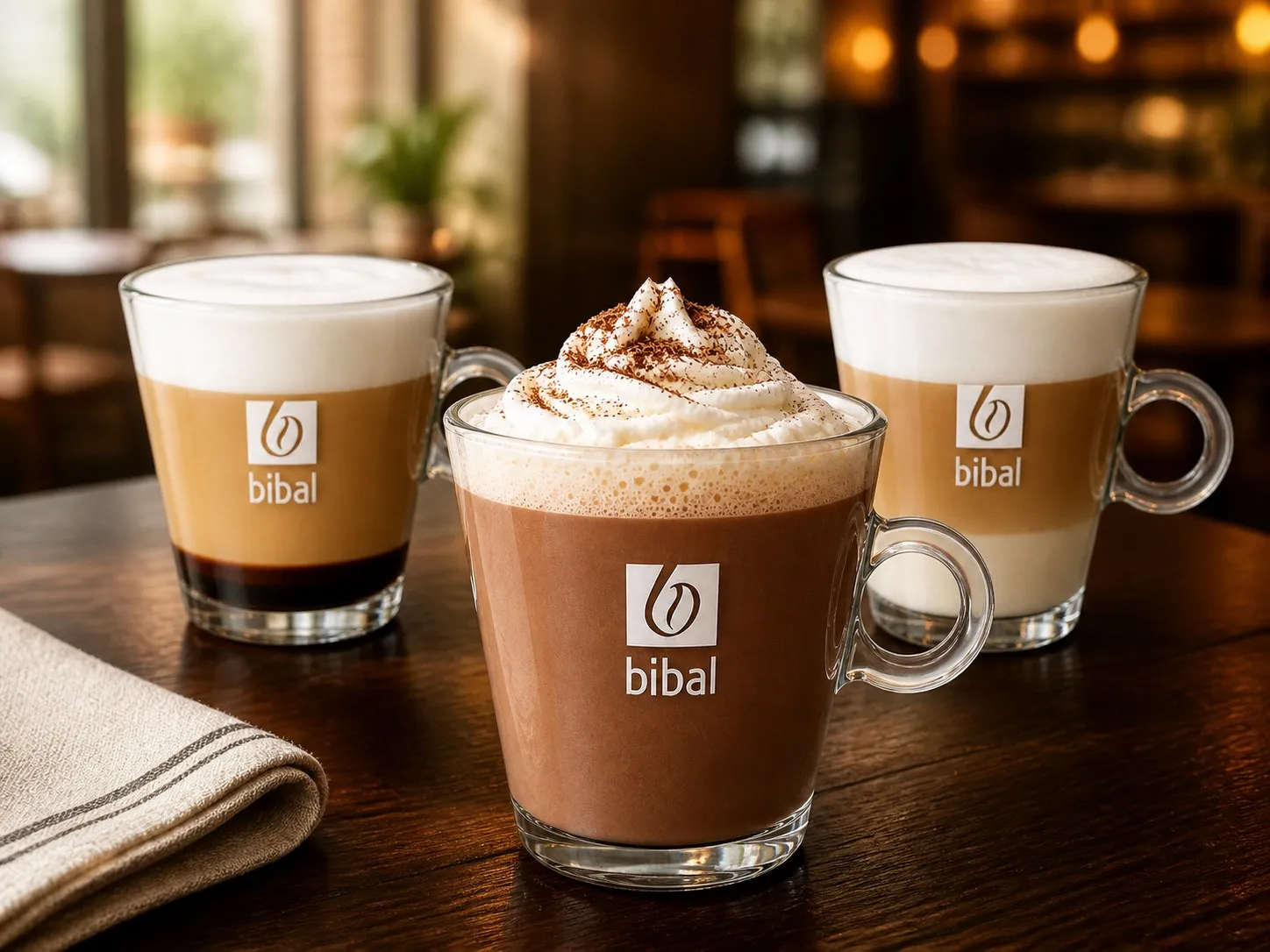 Trio de boissons gourmandes Bibal sur une table de café : cappuccino, chocolat viennois à la chantilly et latte macchiato