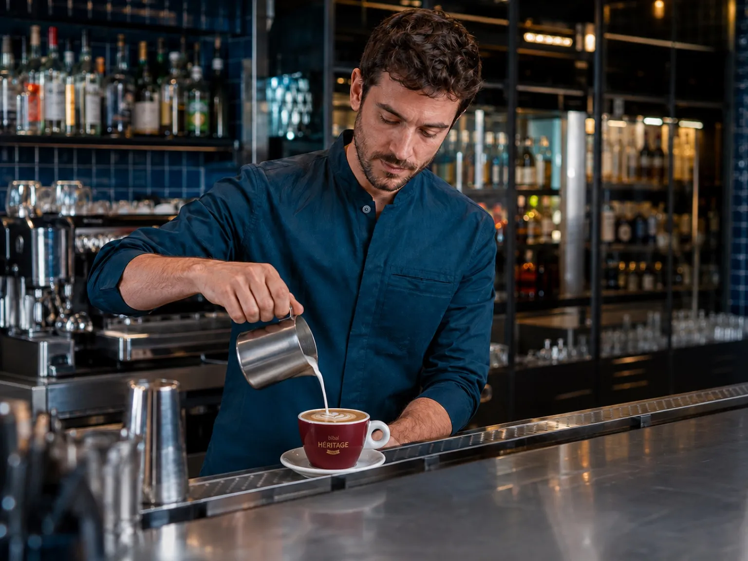 Un barista réalise un latte art avec un pichet en inox dans une tasse Héritage bordeaux