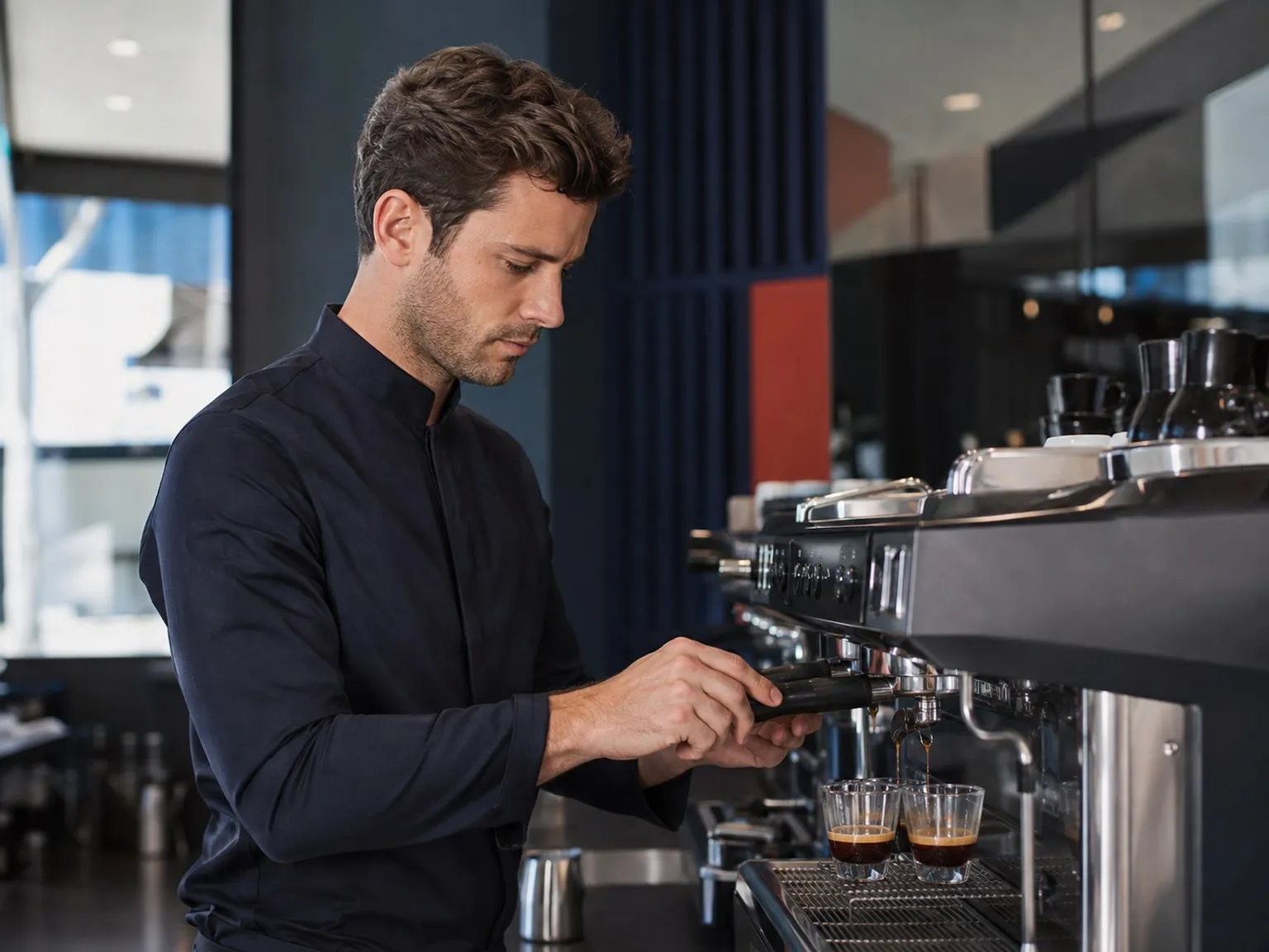 Quatre expressos identiques alignés sur le passe d'un restaurant en plein service