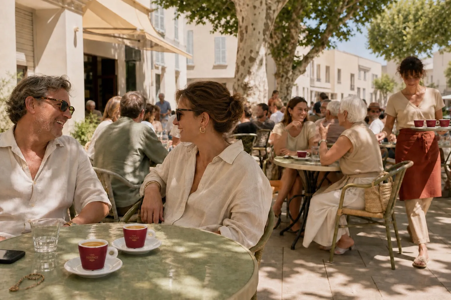 Bar de village authentique : terrasse ombragée sur la place, habitués au comptoir