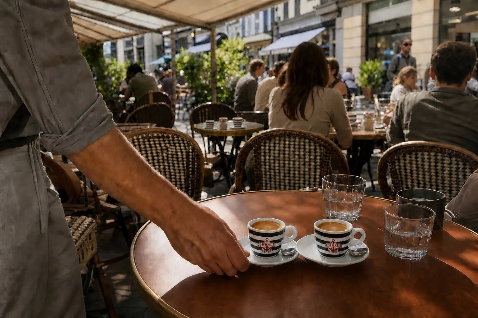 Café de centre-ville moderne : terrasse pleine, service non-stop