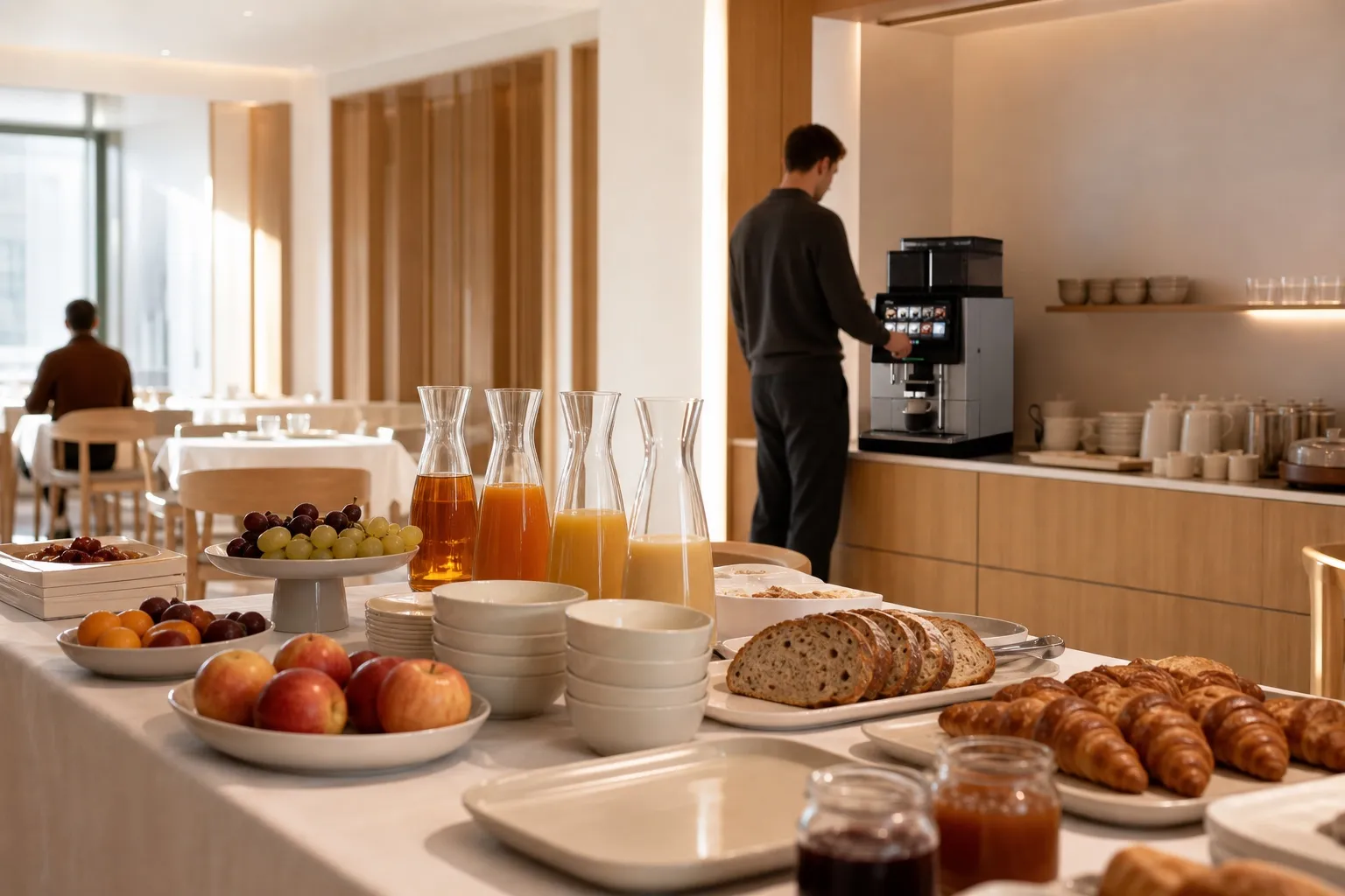 Hôtel moderne : salle de petit-déjeuner lumineuse, buffet soigné