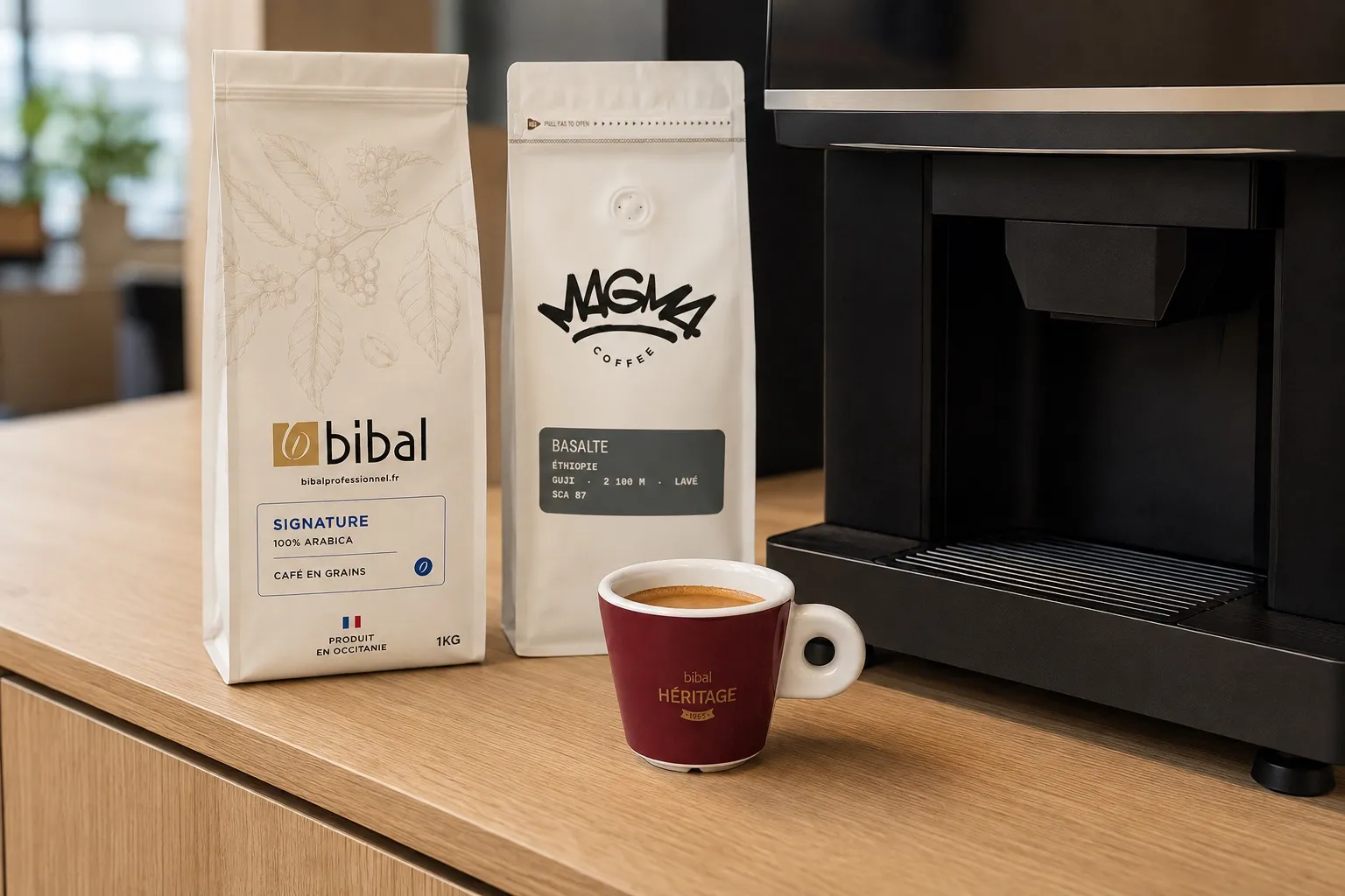 Tasse Héritage d'expresso à la crema tigrée servie par la machine de l'espace café, paquets Bibal Pro et Magma posés à côté