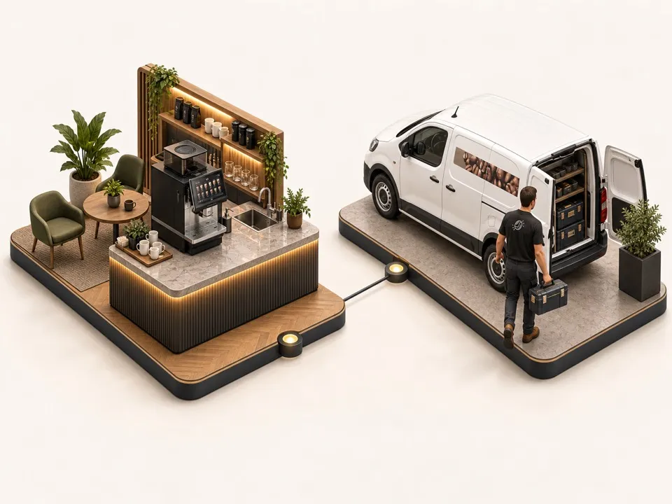 Illustration isométrique : la machine de l'espace café envoie une alerte à un technicien Bibal déjà en route