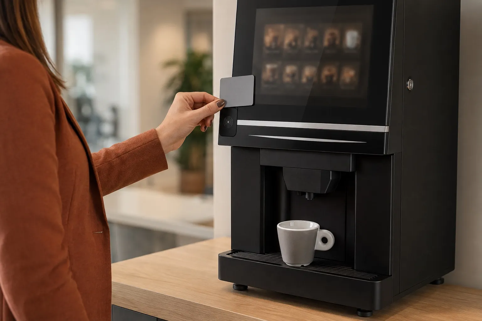 Une collaboratrice passe son badge devant le lecteur de la machine de l'espace café, tasse déjà en place