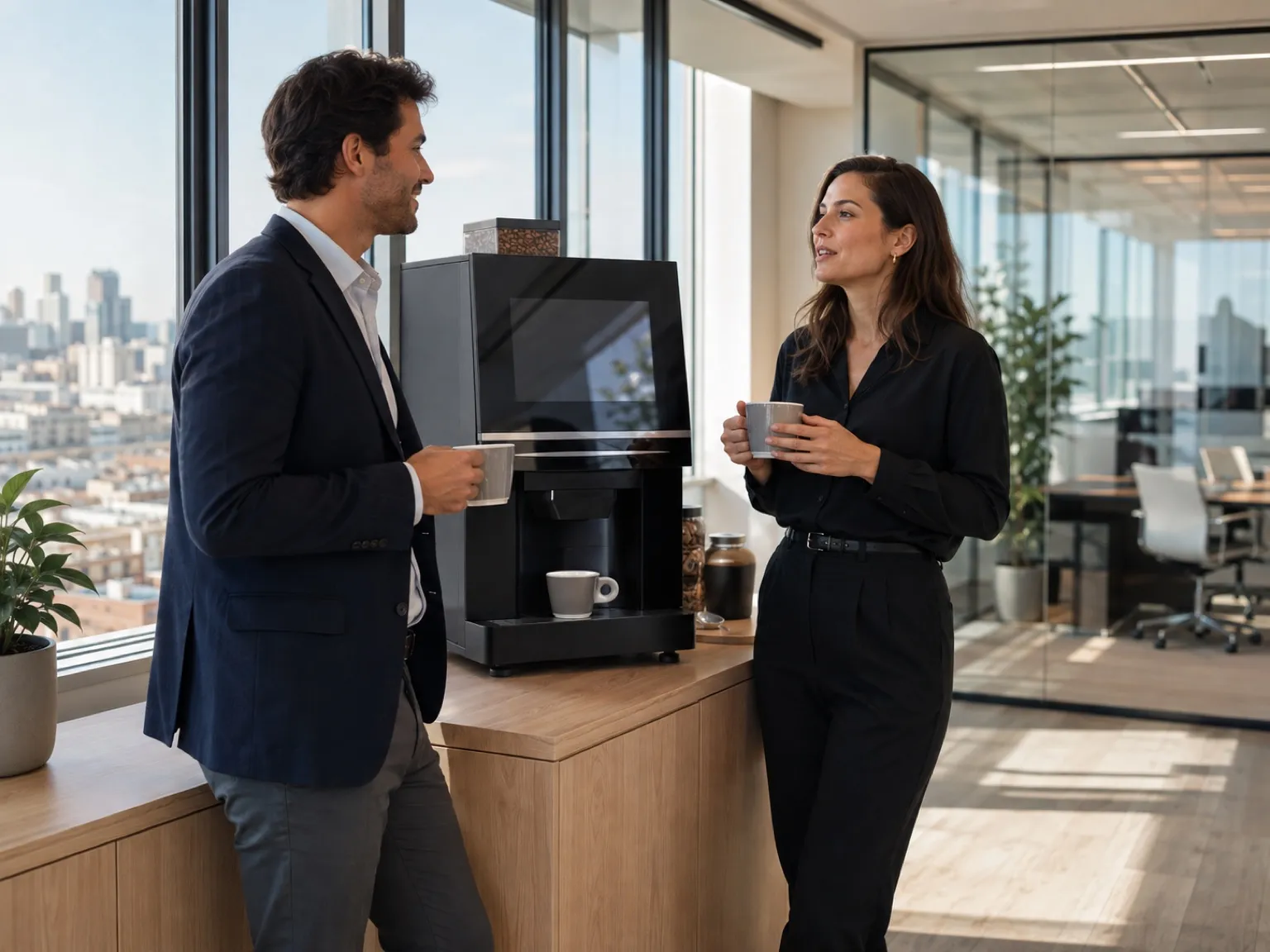 Étage de direction d'un siège contemporain : espace café intégré au mobilier, deux collaborateurs en pause près des baies vitrées