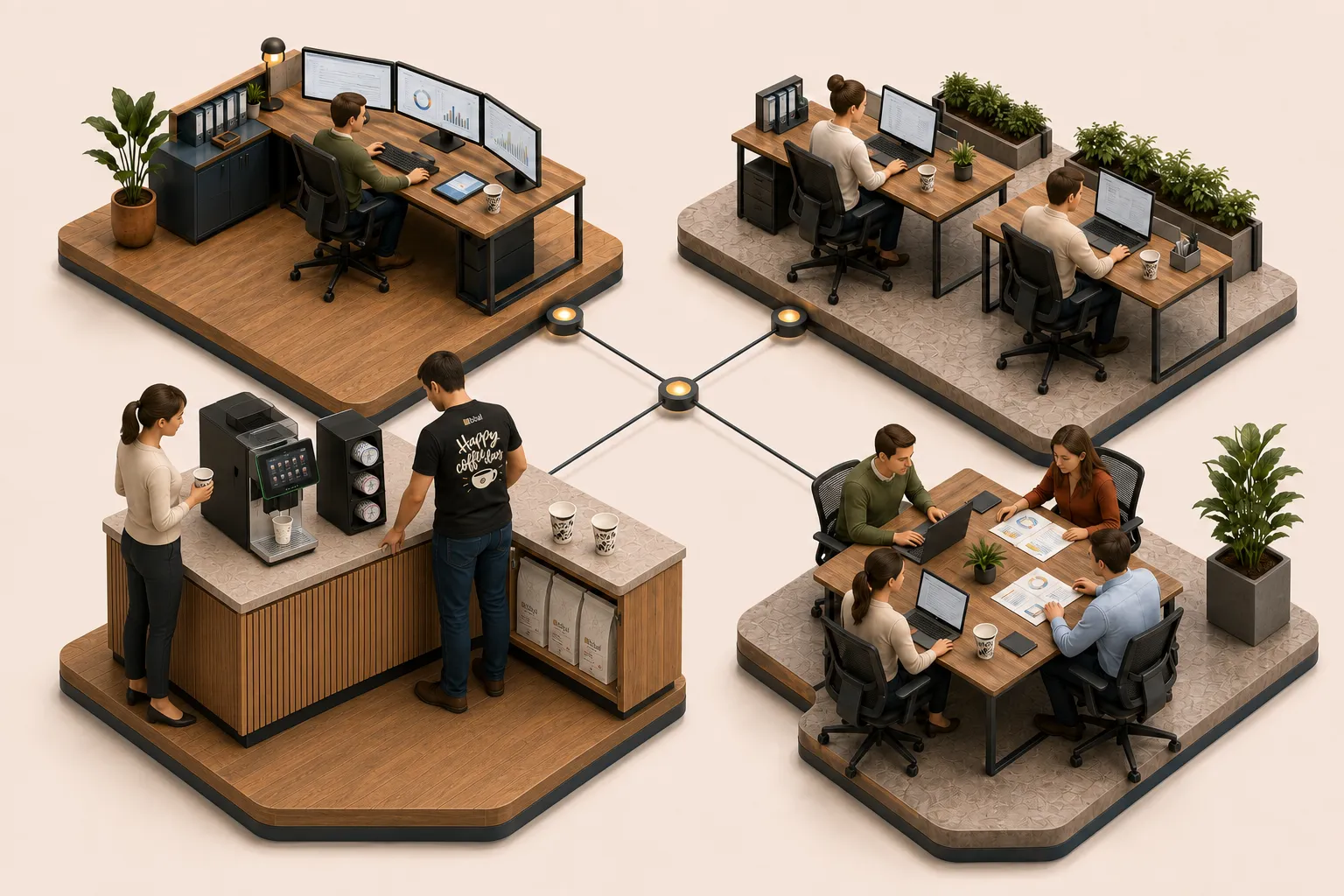 Illustration 3D isométrique du concept Coffee Corner : l'espace café d'entreprise entièrement géré par Bibal — machine, café, consommables, passages et entretien repérés sur l'image