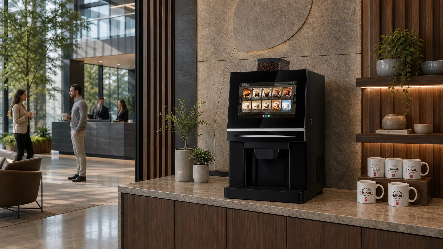 Coffee Corner dans l'accueil d'un siège : machine Rodha installée sur un meuble café, collaborateurs avec des mugs Bibal