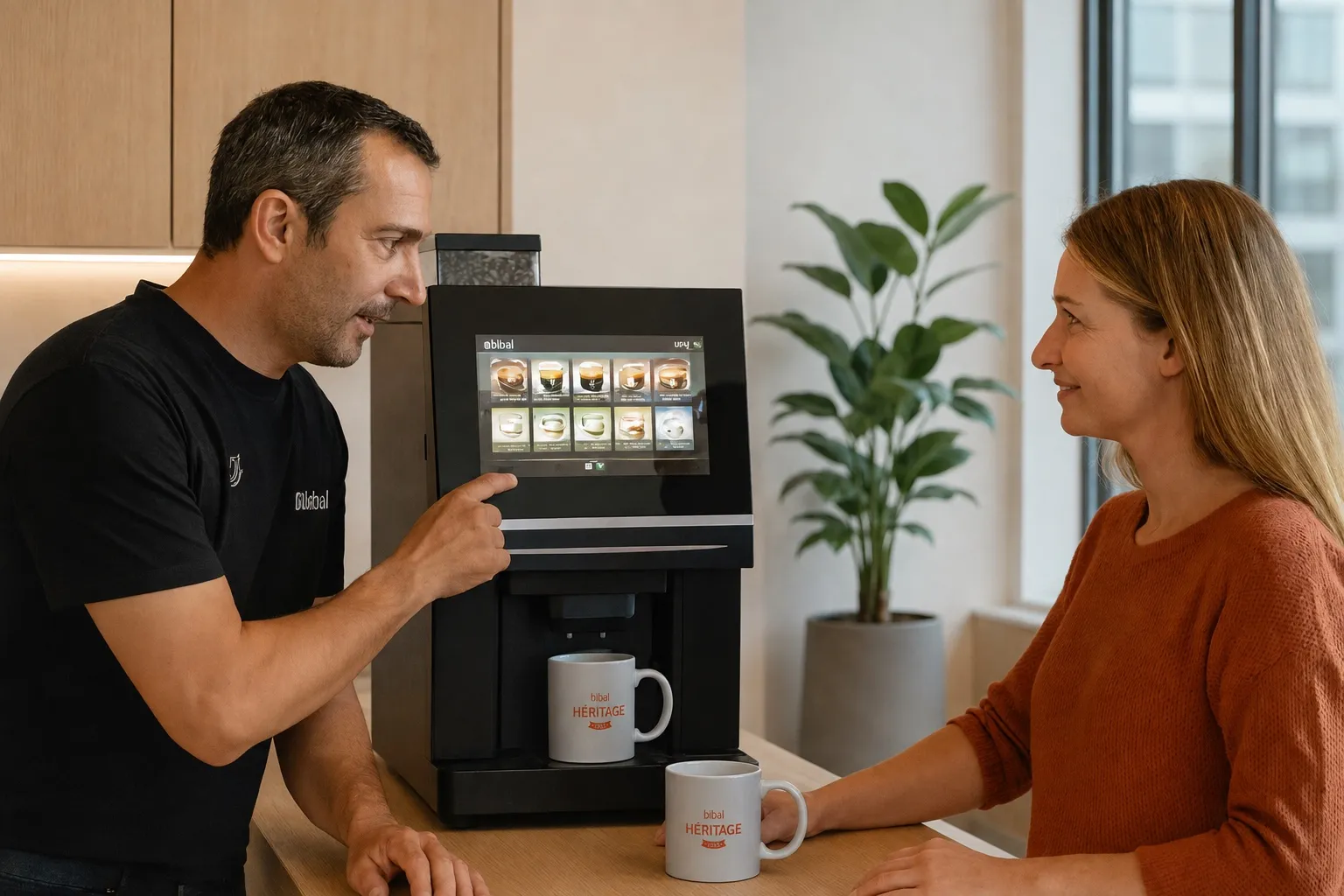 Technicien Bibal faisant le point avec une collaboratrice devant la machine de l'espace café, lors de son passage