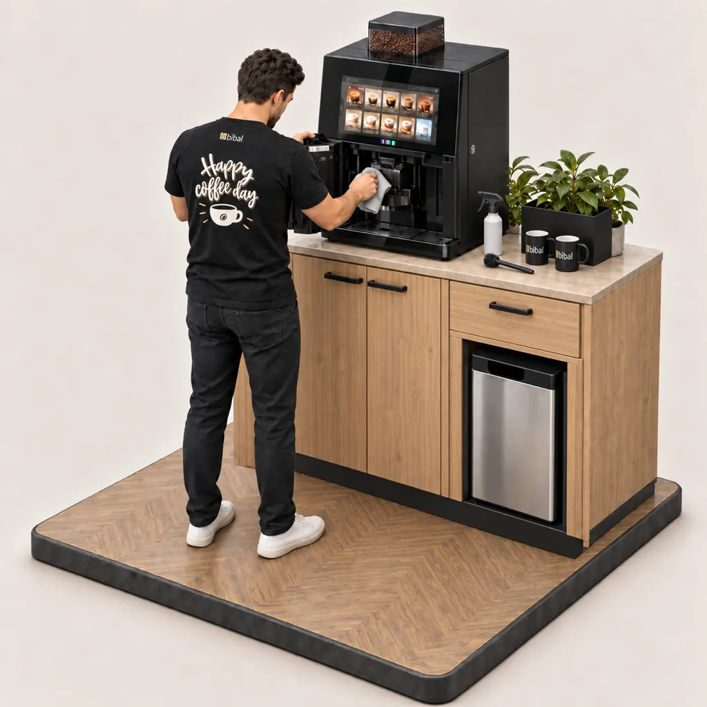 Illustration 3D isométrique : nettoyage professionnel de la machine — groupe café et circuits boissons
