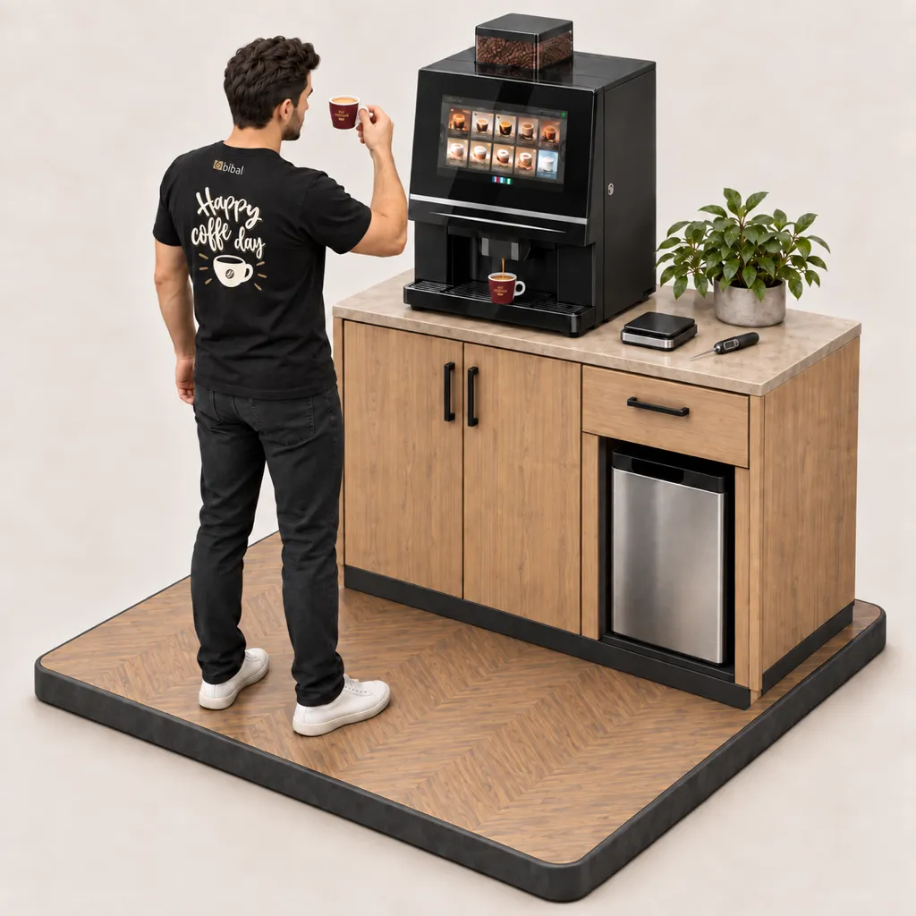 Illustration 3D isométrique : contrôle qualité en tasse — réglage mouture, grammage, température
