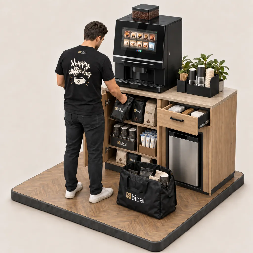Illustration 3D isométrique : réassort de l'espace café — café, gobelets, lait rangés par le technicien Bibal
