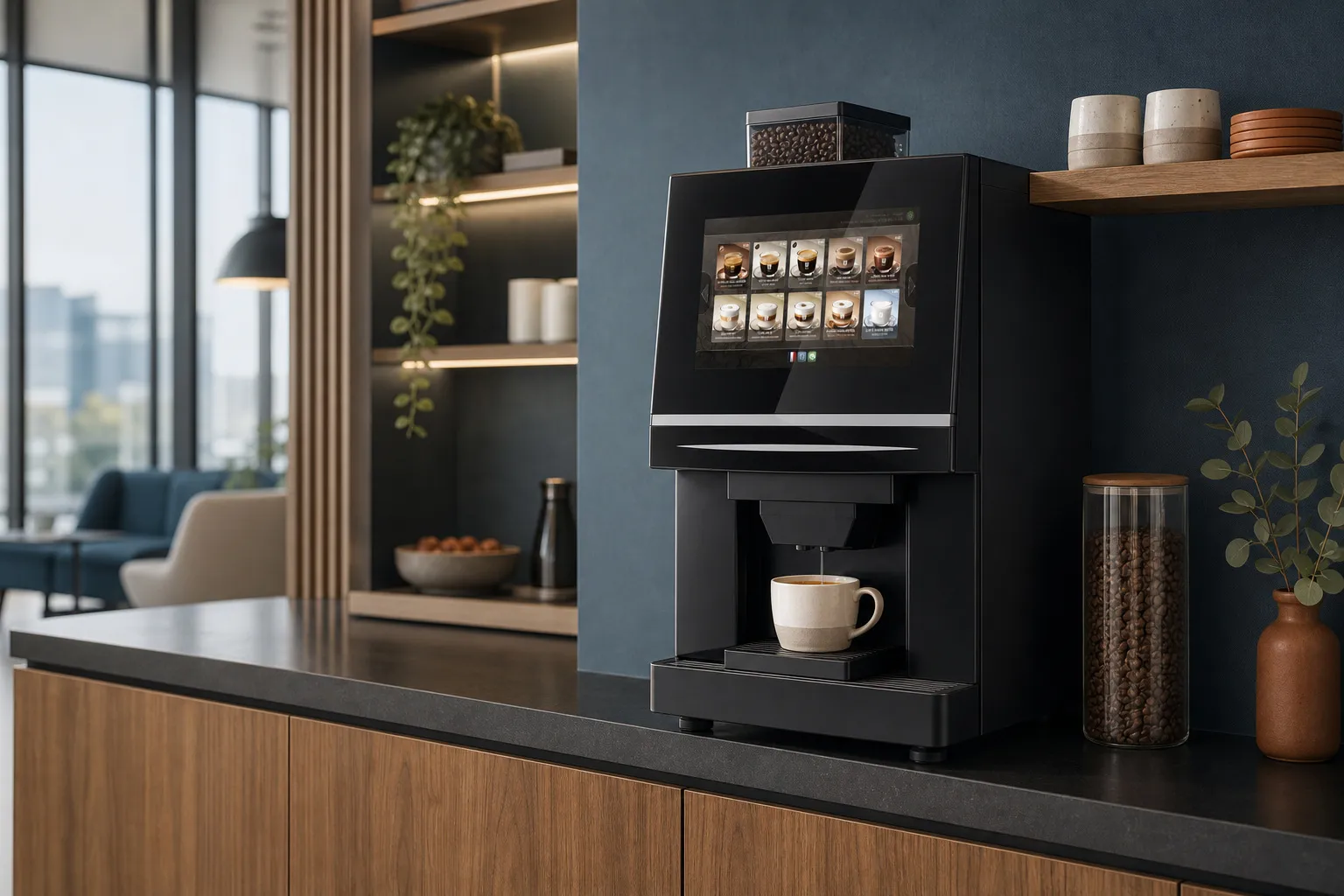 Espace café d'un siège : machine automatique noire à écran tactile sur un meuble bois, tasse servie, salon d'accueil en arrière-plan