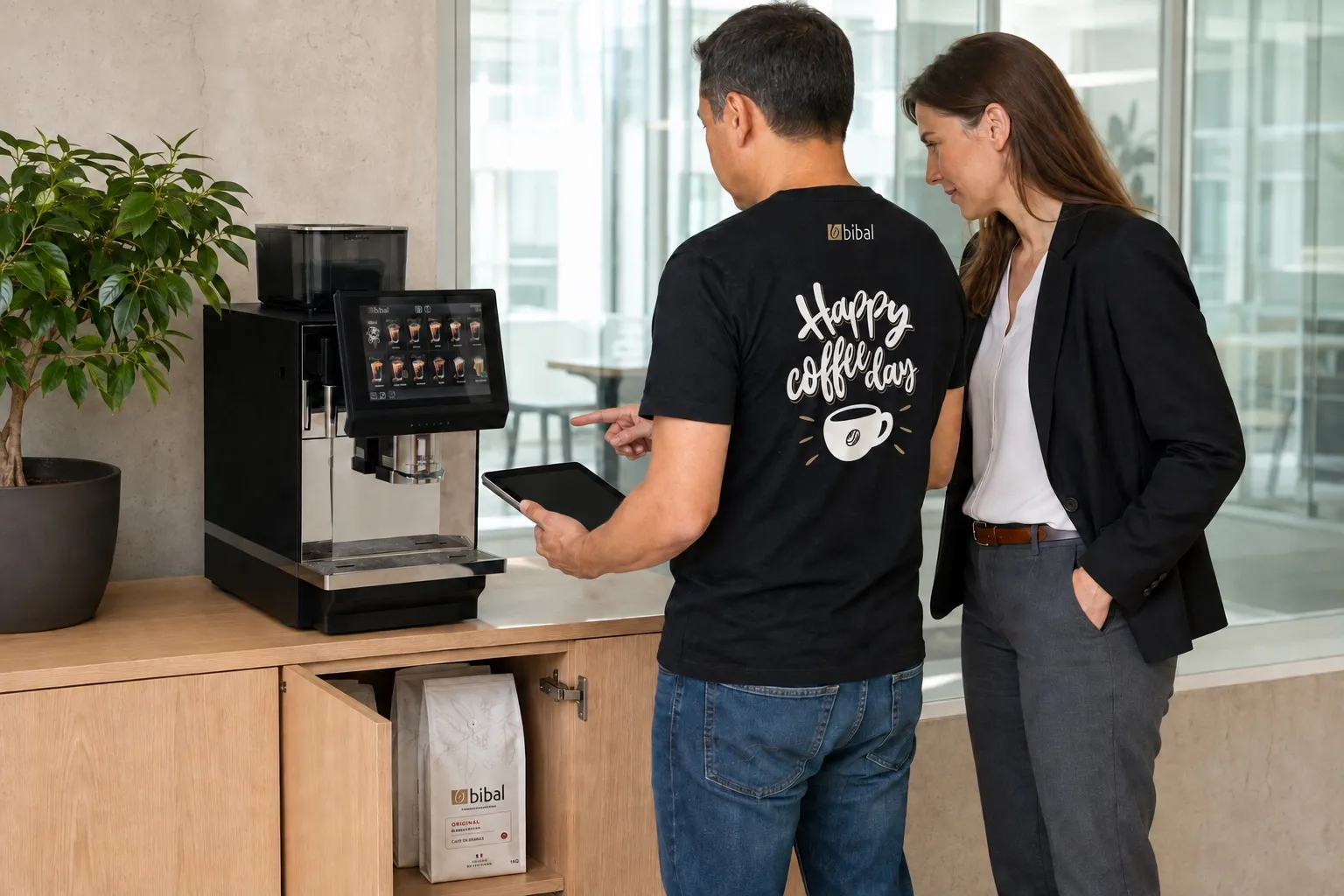Un technicien Bibal en tenue noire fait le point avec la personne référente de l'entreprise devant la machine de l'espace café, paquets de café rangés dans le meuble ouvert