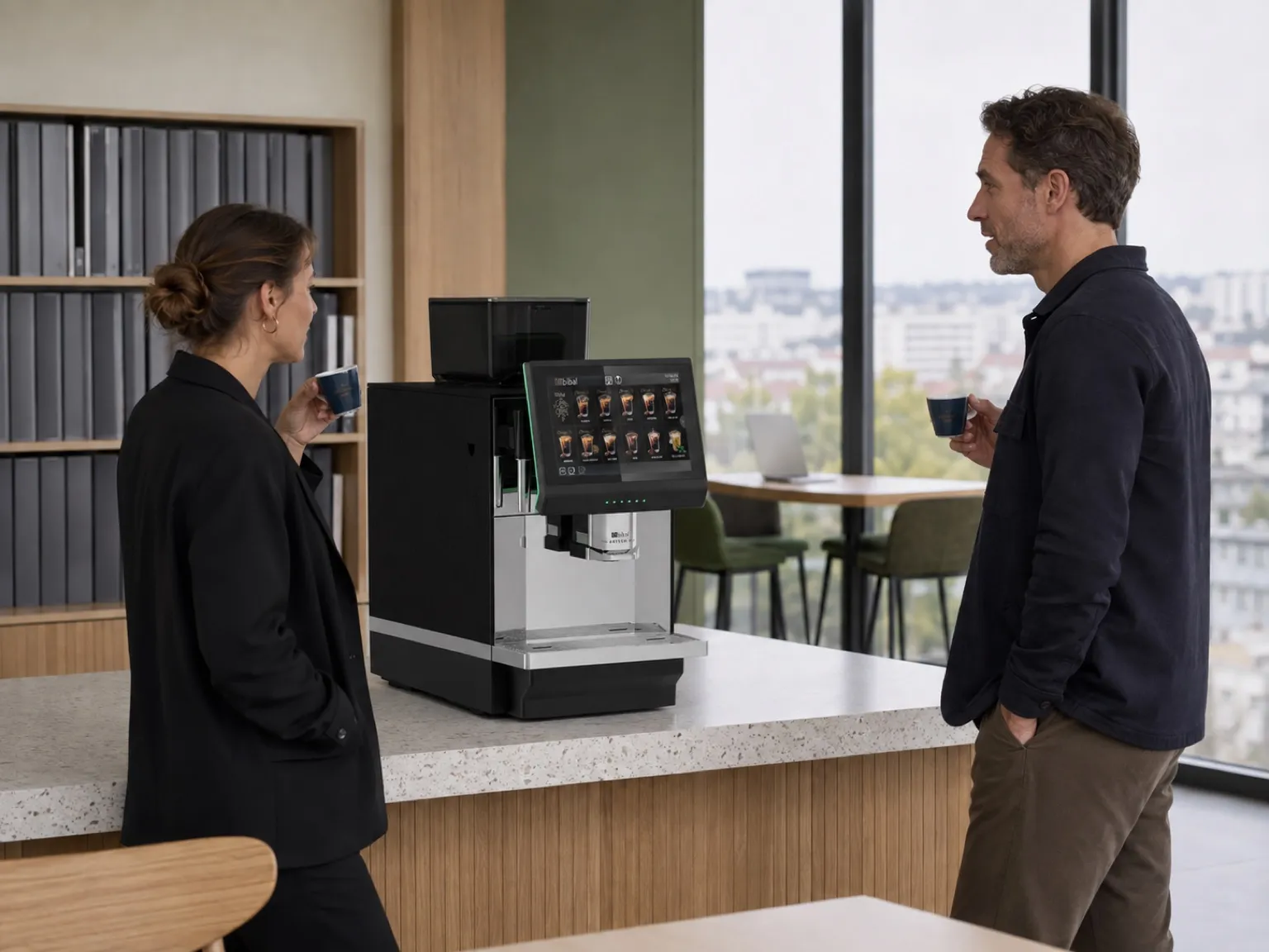 Espace commun d'un cabinet ou d'un coworking contemporain : machine automatique sur un îlot en terrazzo, deux personnes en pause debout, tasses Héritage en main