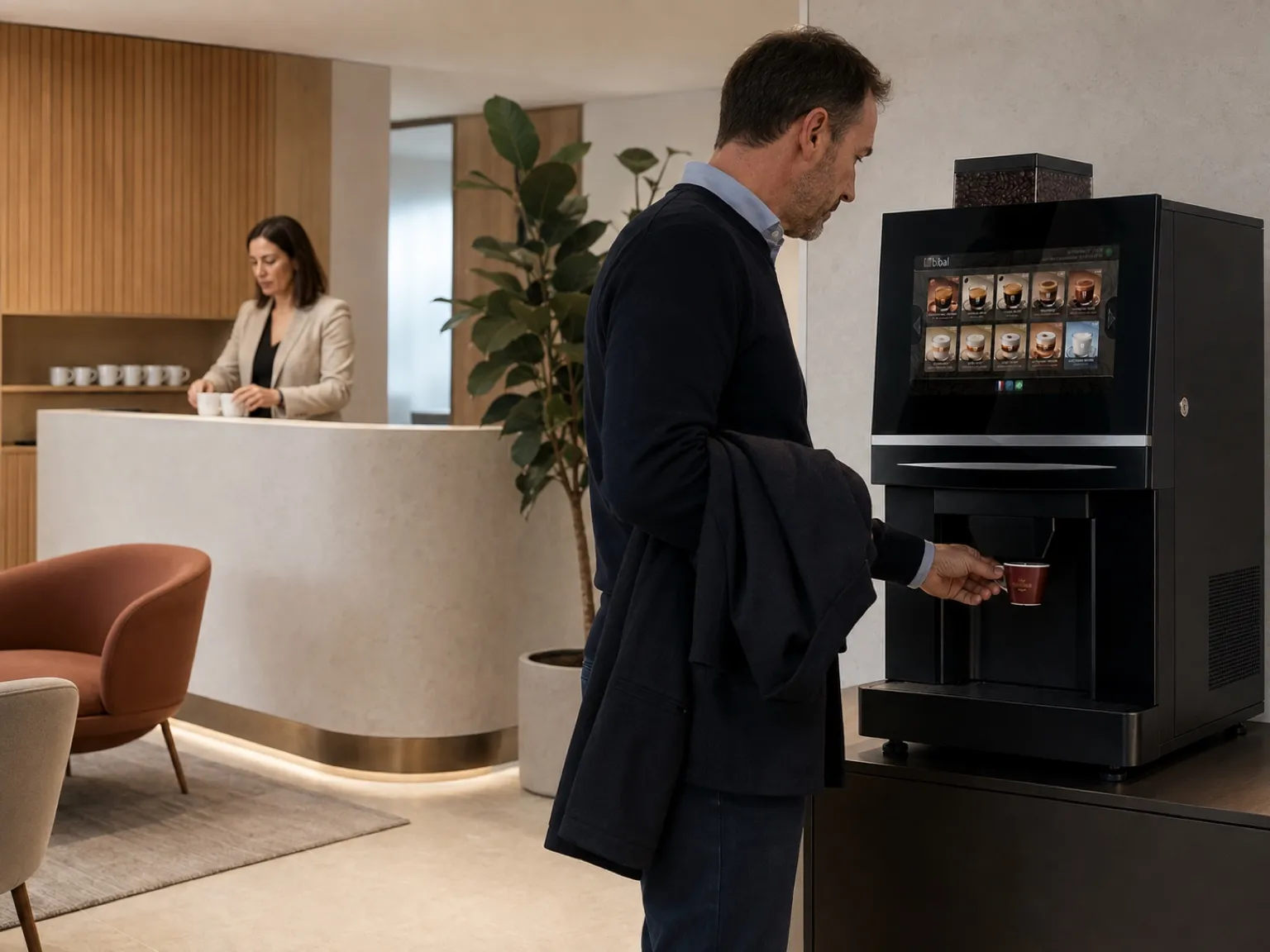 Espace d'accueil d'un siège contemporain : machine noire à écran tactile intégrée au mobilier, un visiteur récupère sa tasse, salon d'attente design en arrière-plan