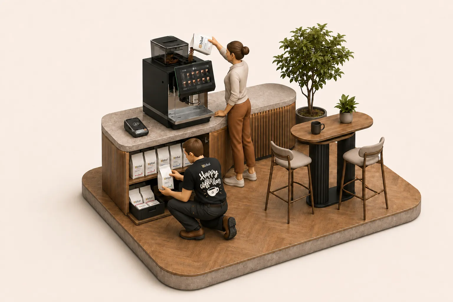 Illustration 3D isométrique du Coffee Lounge avec machine Artémis, paquets de café Bibal Pro et technicien portant le T-shirt Bibal Happy coffee day
