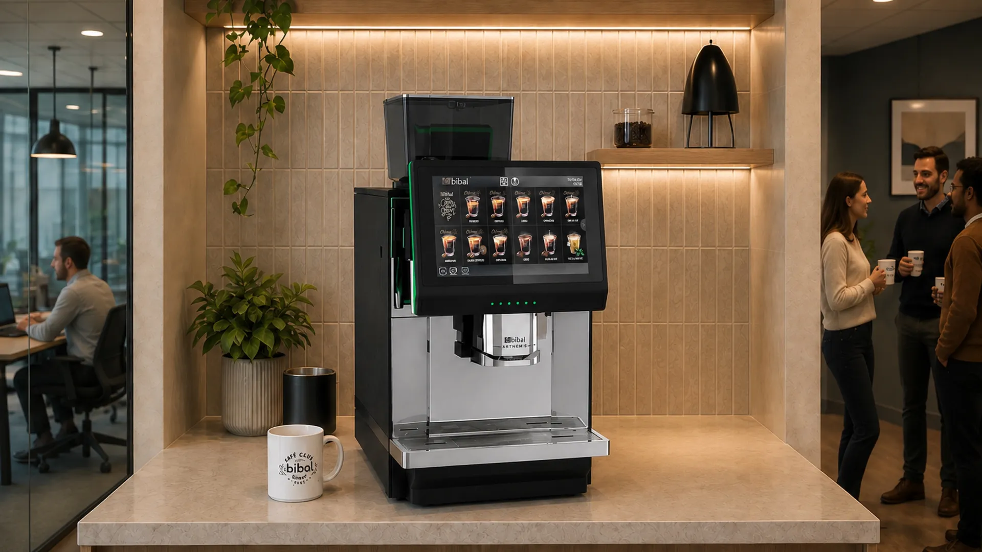 Coffee Lounge dans un bureau contemporain : machine automatique Artémis noire installée sur un meuble café, collaborateurs en pause sur le côté