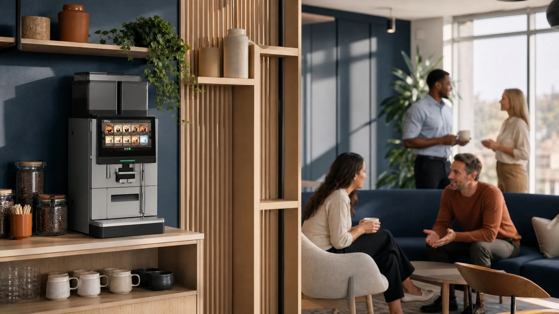 Coffee Lounge d'un bureau contemporain : machine automatique sur un meuble en chêne, mugs alignés, collaborateurs assis sur des banquettes bleu nuit en conversation