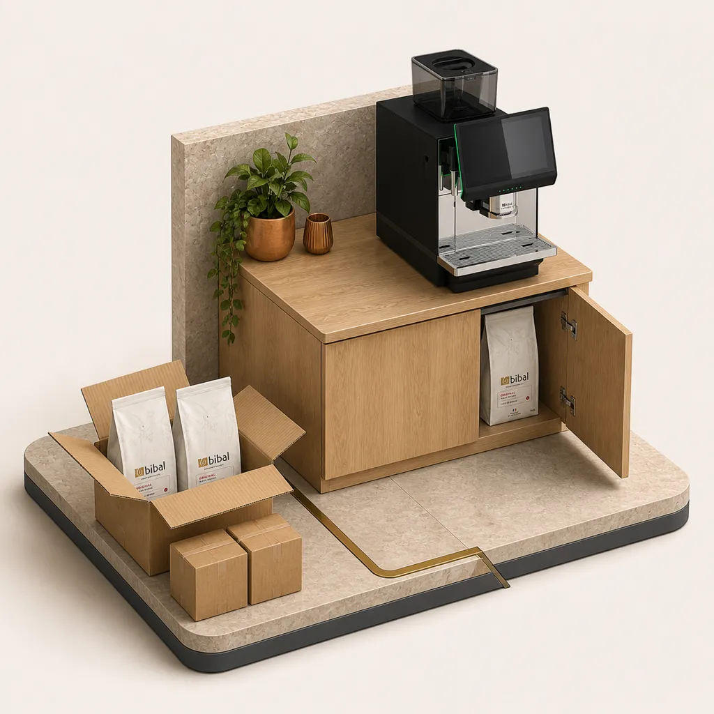 Illustration 3D isométrique : des paquets de café Bibal sont livrés avant la rupture puis rangés dans le meuble de l'Artémis