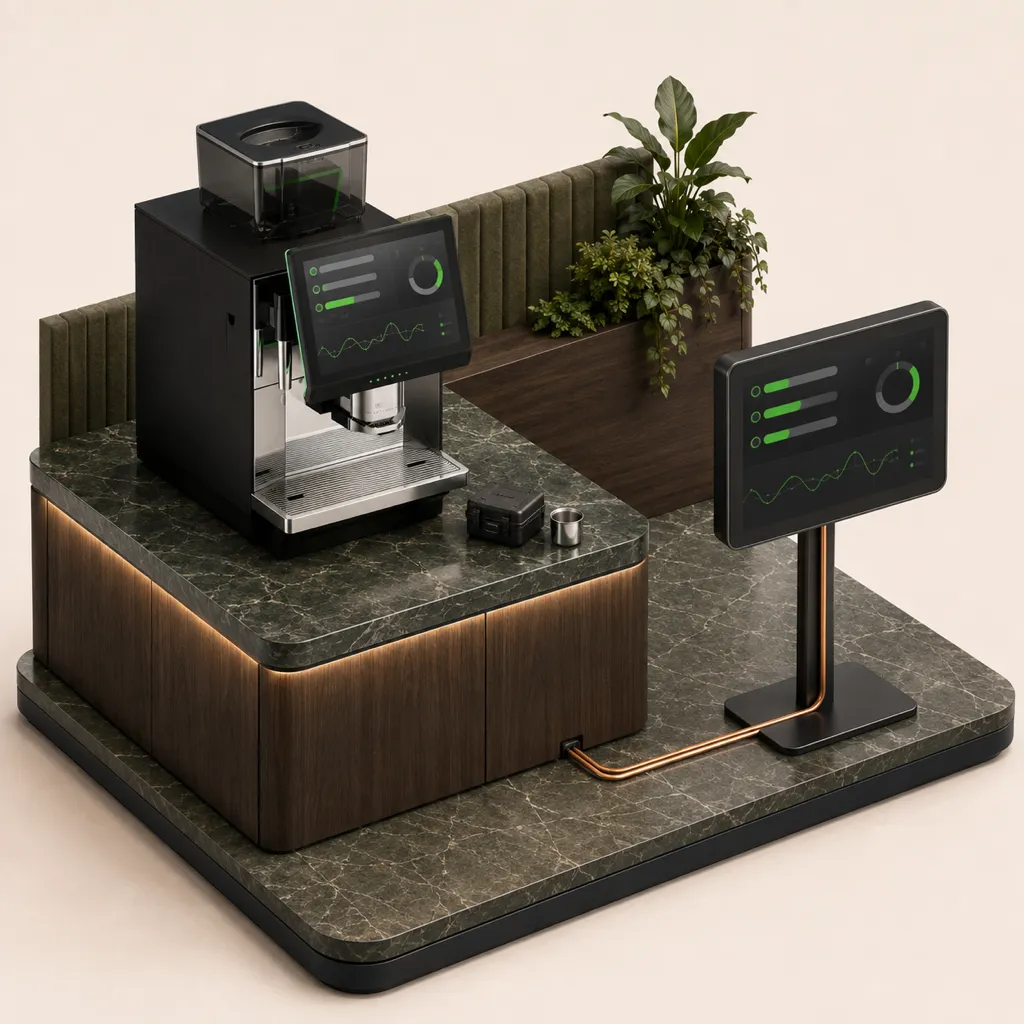 Illustration 3D isométrique : la machine Artémis connectée transmet ses indicateurs vers un écran de contrôle à distance