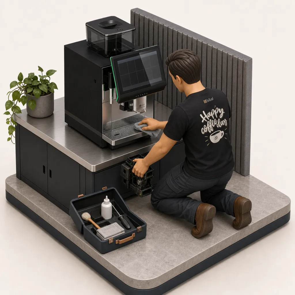 Illustration 3D isométrique : une figurine de technicien Bibal nettoie et contrôle la machine Artémis lors du passage mensuel