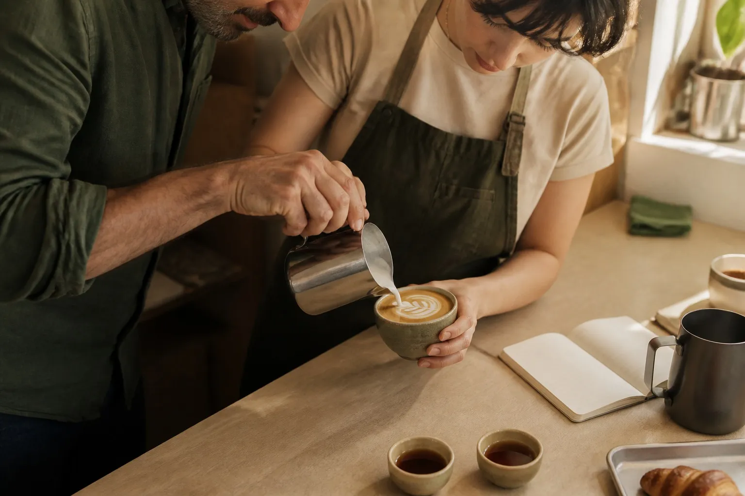 Formateur guidant une barista dans la réalisation d'un latte art