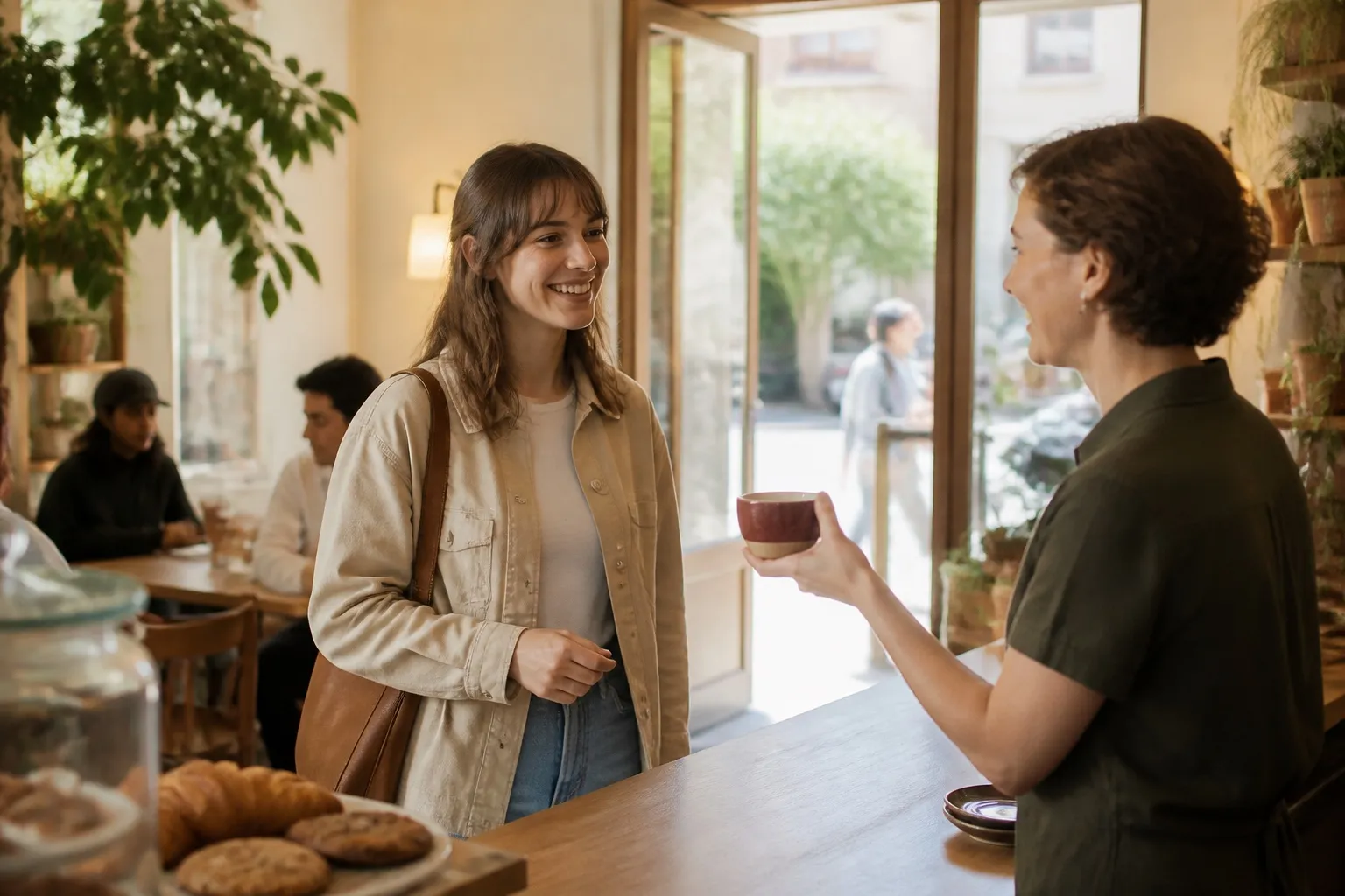 Cliente habituée accueillie chaleureusement à son arrivée au coffee shop