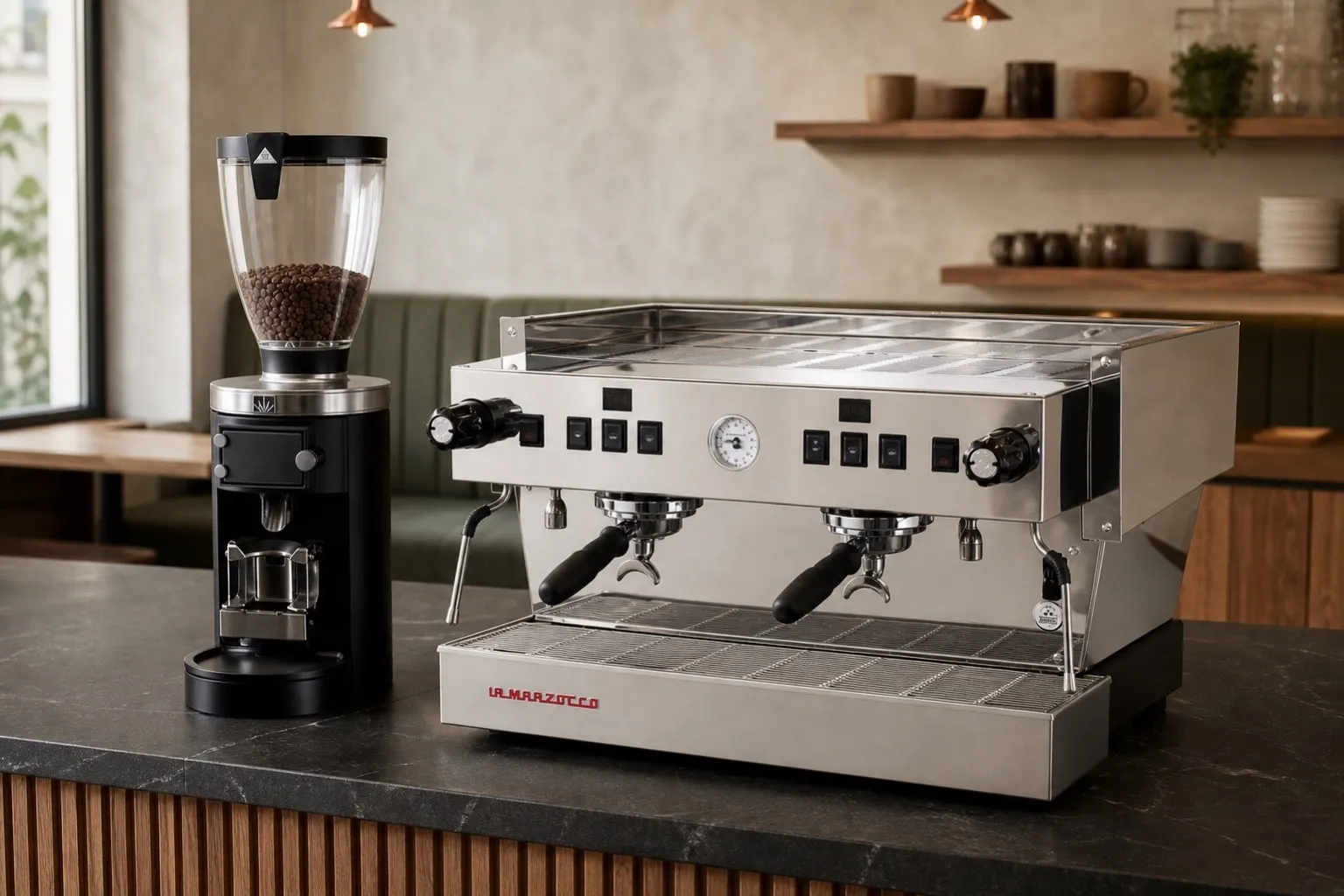Machine La Marzocco Linea Classic S et moulin Mahlkönig E65W dans un coffee shop moderne