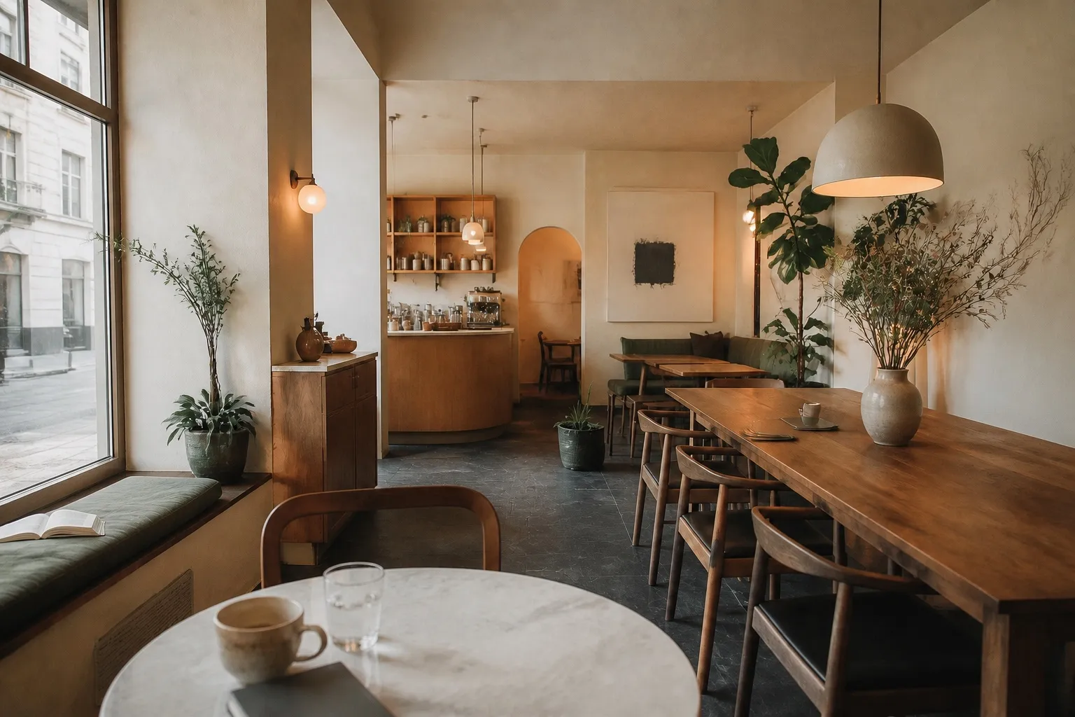 Vue immersive d'un coffee shop lumineux aux matières naturelles, prêt à accueillir ses clients
