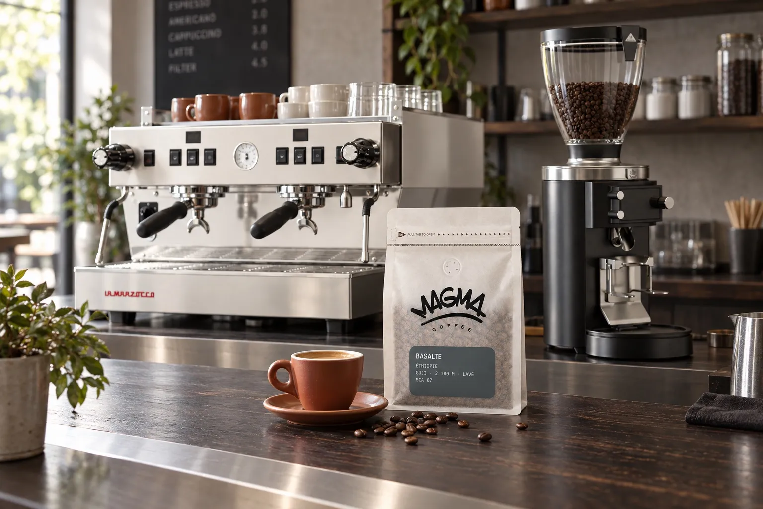 Sac de café Magma et machine La Marzocco, duo Eduardo et Alex en arrière-plan